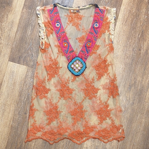 Free People Vintage Orange Lace Blouse with Multicolor Embellishments - Picture 2 of 4